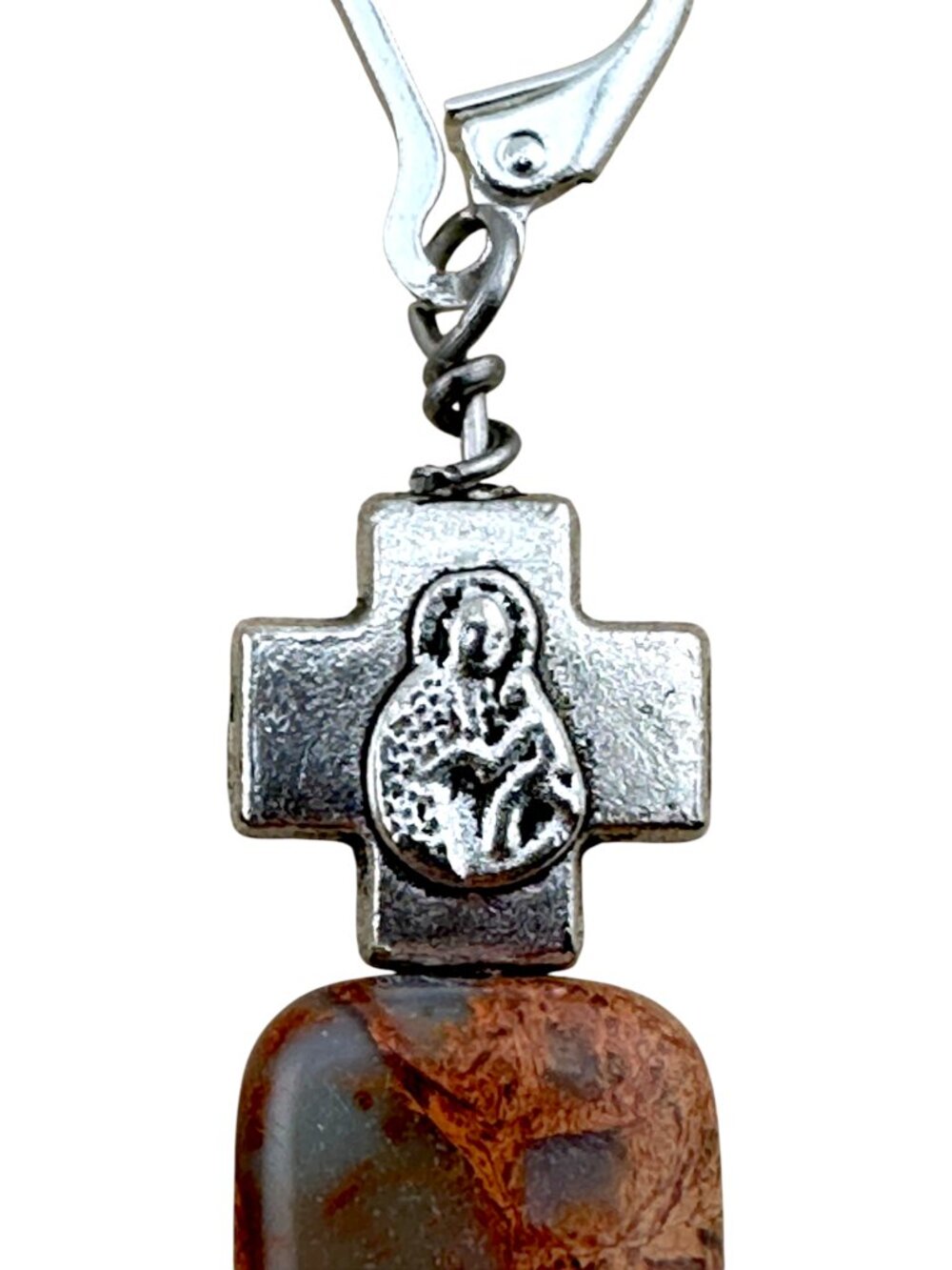 Blue Opal Jasper Cross Earrings Mother Child Silver Filled Leverbacks - Picture 8 of 12